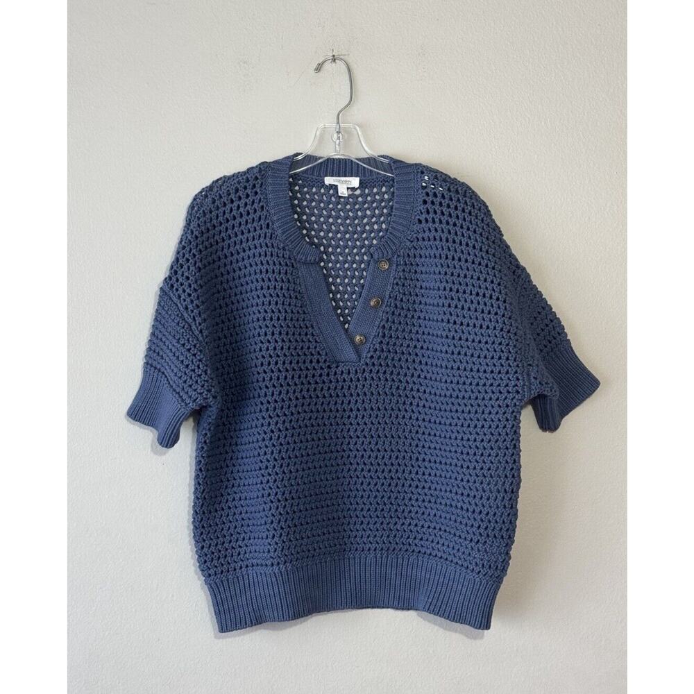 Haven Well Within Sweater‎ Size Medium Blue Crochet Knit Knot Stitch Henley